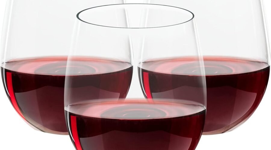 FOCUSLINE 32 Pack Plastic Wine Glasses Stemless, 12 Oz Crystal Clear Disposable Wine Cups, Reusable Plastic Wine Glasses for Parties Weddings, Shatterproof Recyclable and BPA-Free