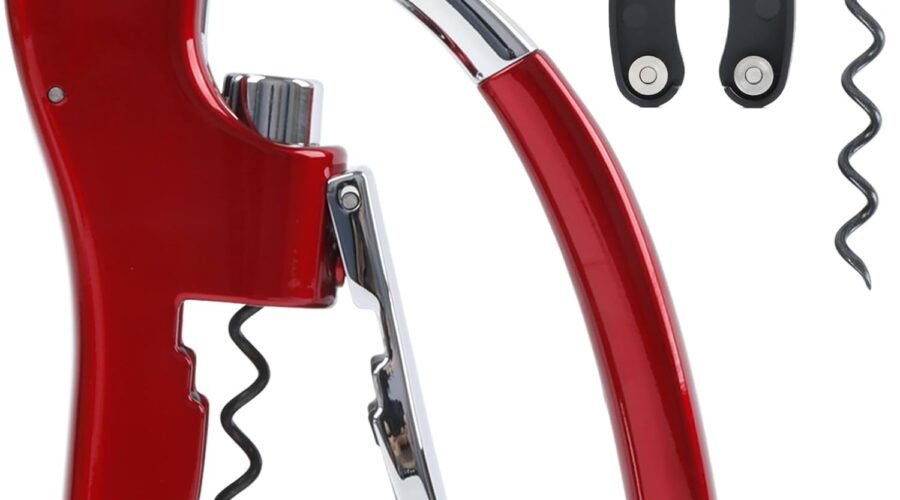 KAYCROWN Stainless Steel Wine Bottle Opener, Compact Vertical Lever Corkscrew with Foil Cutter and Extra Spiral, Manual Handheld Corkscrew with Ergonomic Lever Pump (Red)
