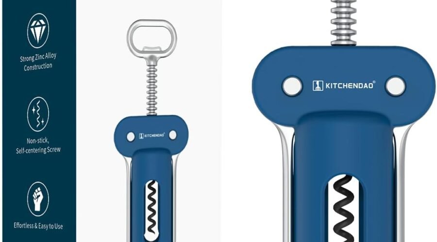KITCHENDAO 3 in 1 Wing Corkscrew Wine Bottle Opener with Foil Cutter, Built-in Beer Bottle Opener, Multifunctional Wine Opener with Non-Stick Sharp Screw, Easy to Use, Manual Wine Corkscrew, Blue