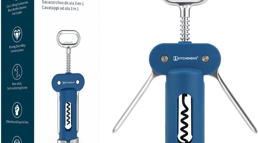 KITCHENDAO Luxury 3 in 1 Wine Opener with Foil Cutter, Beer Bottle Opener, Sturdy Zinc Alloy Wing Corkscrew with Self-centering Non-stick Sharp Screw, Easy to Remove Cork, Manual Corkscrew (Blue)