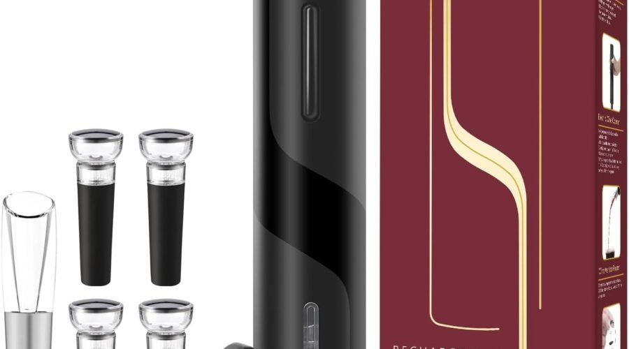 Electric Wine Opener Set, Rechargeable Wine Bottle Opener with Foil Cutter / 4 x Vacuum Stoppers/Premium Wine Aerator Pourer, Wine Corkscrew Remover, Automatic Wine Opener Gifts(Black)