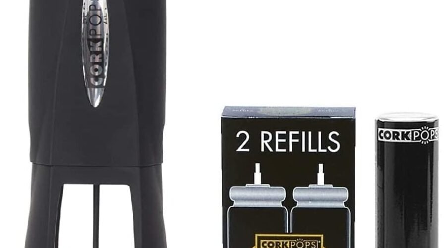 Cork Pops Legacy Wine Opener w/ 3 Refill Cartridges Built-in 4-Blade Foil Cutter Safe Cork Removal, Effortless Push Button Use, Needle Guard for Safety, Low-Pressure Cartridge Opens Up To 60 Bottles