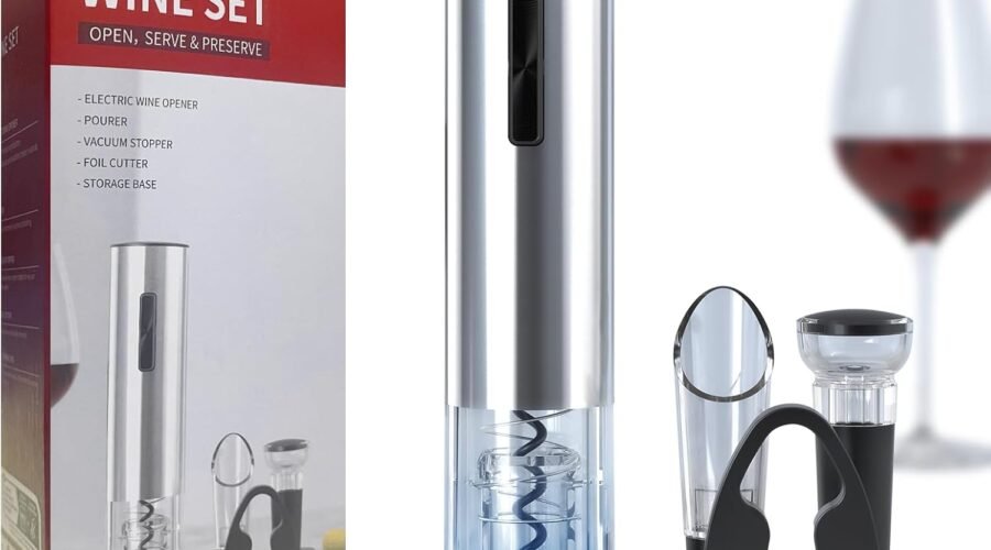 Electric Wine Opener, 6-in-1 Rechargeable Wine Bottle Opener set includes Automatic Corkscrew Wine Opener, Foil Cutter, Vacuum Wine Stopper, etc. Ideal gift for Wine Lovers (Silver)
