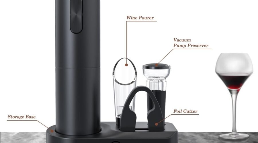 Rechargeable Electric Wine Opener, 5 in 1 set with Automatic Electric Wine Bottle Corkscrew Opener, Foil Cutter, Vacuum Stopper, Wine Pourer and Storage Charging Stand