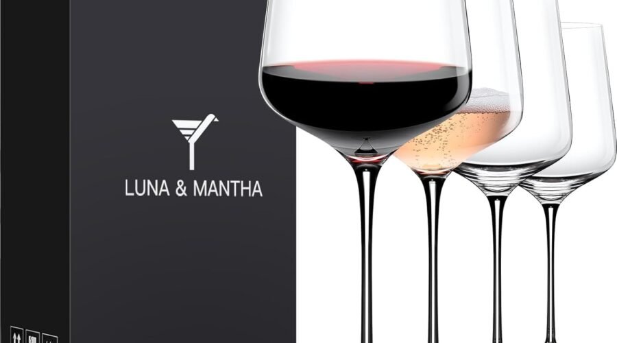 LUNA & MANTHA Wine Glasses Set of 4, 15 oz Hand Blown Crystal Red White Wine Glasses with Stem, Ideal Gift for Set, Toasting at Weddings or Birthdays