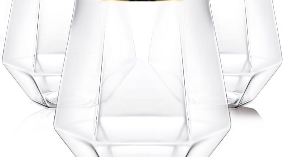40 Pcak Plastic Stemless Wine cocktail Whiskey Champagne Glasses, 12 Oz Gold Rim Disposable Clear Unbreakable Cups for Party Bars Wedding Tasting (Diamond-shaped)