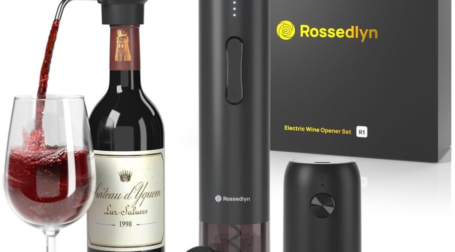 Rechargeable Electric Wine Opener Gift Set – Aerator, Bottle Opener, Foil Cutter, Wine Vacuum Pump and Stoppers for Home Bar Outdoor Party