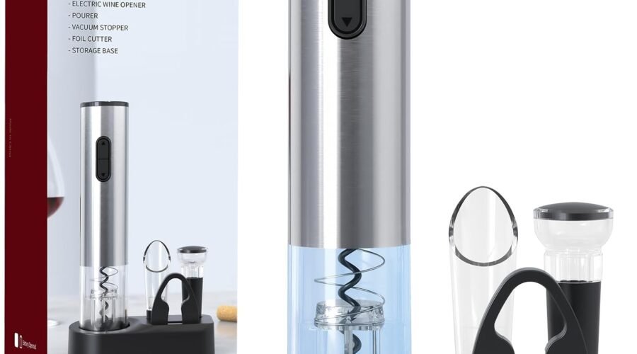 Liuzouwin5-in-1 ElectricWine Bottle Opener Set Battery Operated Reusable Corkscrew with Storage Base, Foil Cutter, Wine Pour& Wine Stopper (Silver)