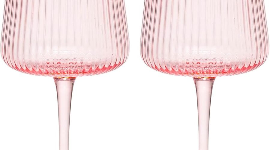 Paris Hilton Ribbed Wine Glass Set, Elegant Fluted Glassware, Perfect for Red Wine or White Wine, Set of 2, 18-Ounce, Pink