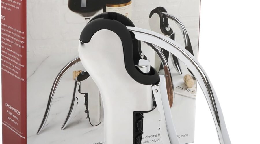 KAYCROWN Stainless Steel Wine Bottle Opener, Vertical Lever Corkscrew with Built-in Foil Cutter Design, Manual Handheld Corkscrew with Ergonomic Lever Pump