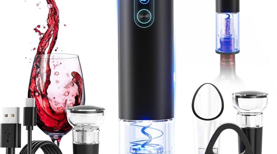 Electric Wine Opener, Rechargeable Cordless Wine Accessories, Stainless Steel Cordless Automatic Wine Bottle Corkscrew with Vacuum Stoppers, Foil Cutter for Home Party Wedding, Bars(Black)