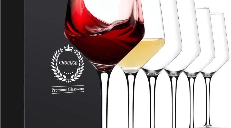 Chouggo Wine Glasses Set of 6, Hand Blown Crystal Red Wine or White Wine Glass – 15Oz, Hand Crafted by Artisans – Gifts for Women, Men, Wedding, Anniversary, Christmas, Birthday