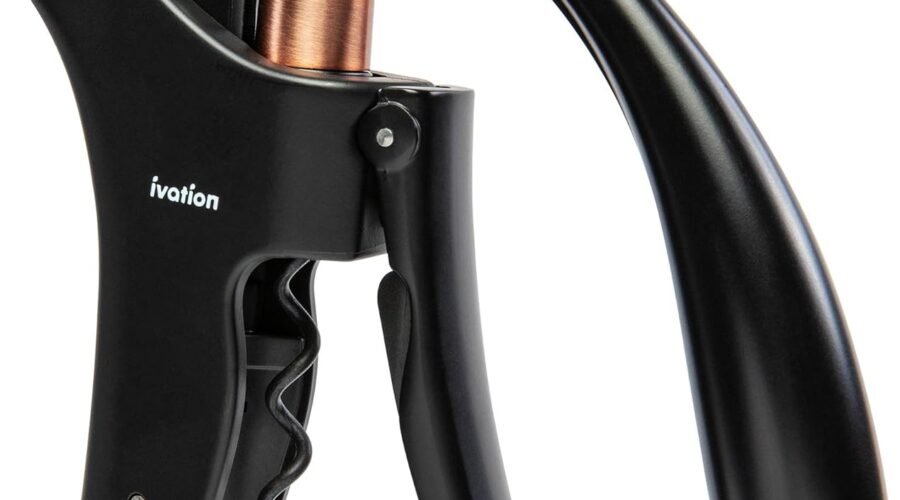 Ivation Wine Bottle Opener | Manual Handheld Corkscrew with Ergonomic Lever Pump, Standing Vertical Design, Soft Bottleneck Grip, Nonstick Screw & Easy No-Twist Cork Removal | Black & Bronze Stainless