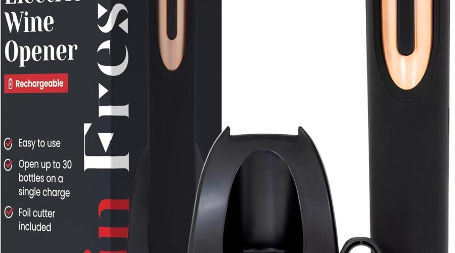 Rechargeable Electric Wine Bottle Opener – Charging Base and Foil Cutter Included with Automatic Wine Opener – Electric Corkscrew for Easy Cork Removal – Best Gift for Wine Lover (Black & Rose Gold)