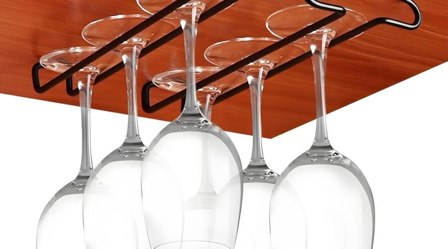 GeLive 10 Inch Under Cabinet Wine Glass Rack Stemware Holder Glass Storage Hanger Organizer for Kitchen and Bar Set of 2 (Black)