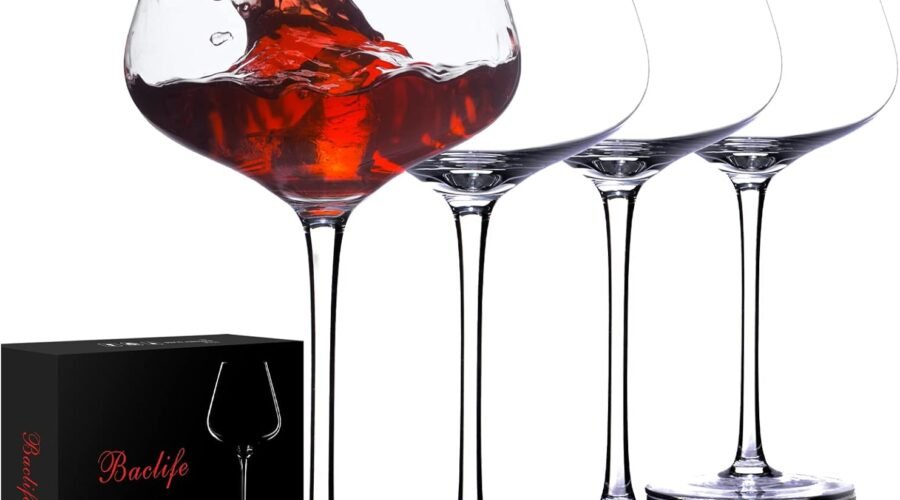 Hand Blown Red Wine Glasses Set of 4 – 23 oz Burgundy Wine Glasses With Long Stem – Large Premium Crystal Wine Glass – Unique Gift for Wedding, Anniversary, Mother’s Day – Clear