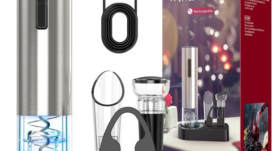 Electric Wine Opener,Automatic Wine Bottle Opener Rechargeable Cordless Electric Corkscrew Wine Opener Gift Set with Wine Stopper, Foil Cutter, Wine Aerator,Storage Base & Charging Cable