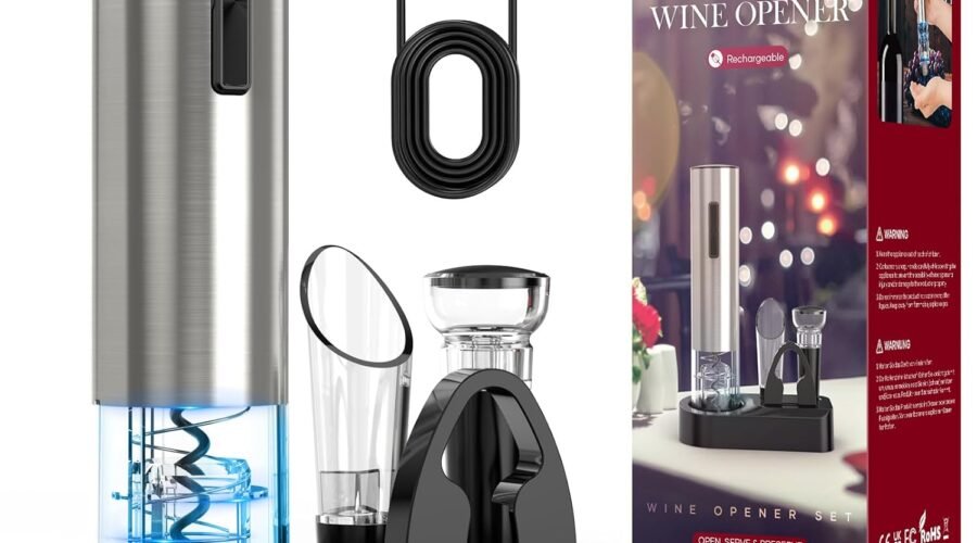 Crenova Wine Opener Electric, Rechargeable Wine Bottle Opener, Automatic Corkscrew with Vacuum Stopper, Aerator Pourer, Foil Cutter, Display Base, House Warming Gifts for New Home Wedding Birthday