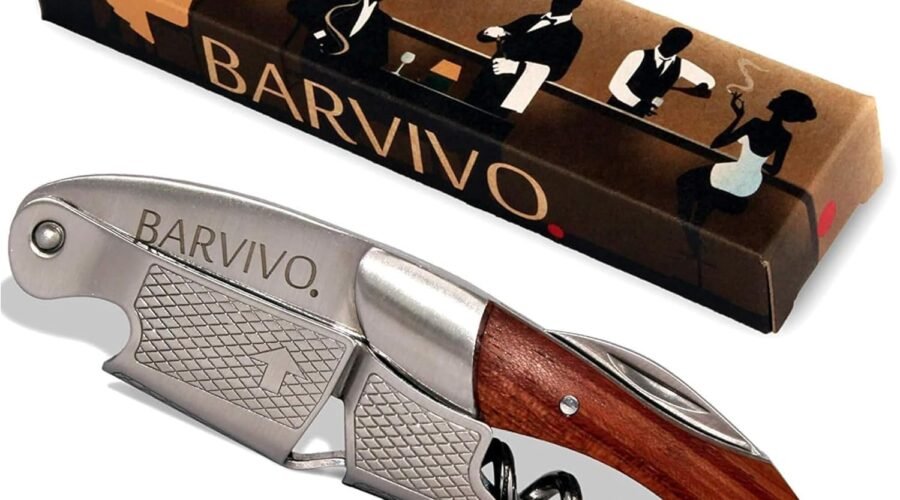 Barvivo Wine Bottle Opener with Double Hinged Corkscrew – 4.5-Inch Manual Wine Key with Foil Cutter and Cap Remover – Stainless Steel Bar Key Tool for Bartenders and Servers – Natural Rosewood Handle