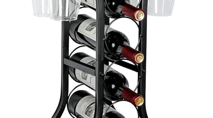 X-cosrack Wine Rack Freestanding Floor, Mini Bar Table Wine Holder Stand Liquor Cabinet with Glass Holder Wood Tabletop 14 Bottles Floor Wine Storage for Home Bar Kitchen Living Room (Patent Pending)