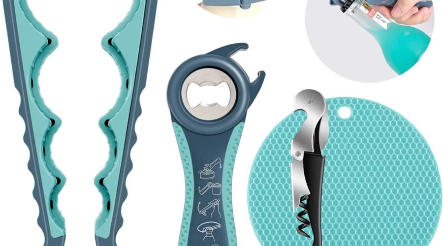 Jar Opener for Weak Hands, Seniors with Arthritis, 5 in 1 Multi Function Bottle Opener Lid Opener For Arthritic Hands with Non Slip Rubber Jar opener Gripper Pad and Corkscrew Wine Opener(BLUE)