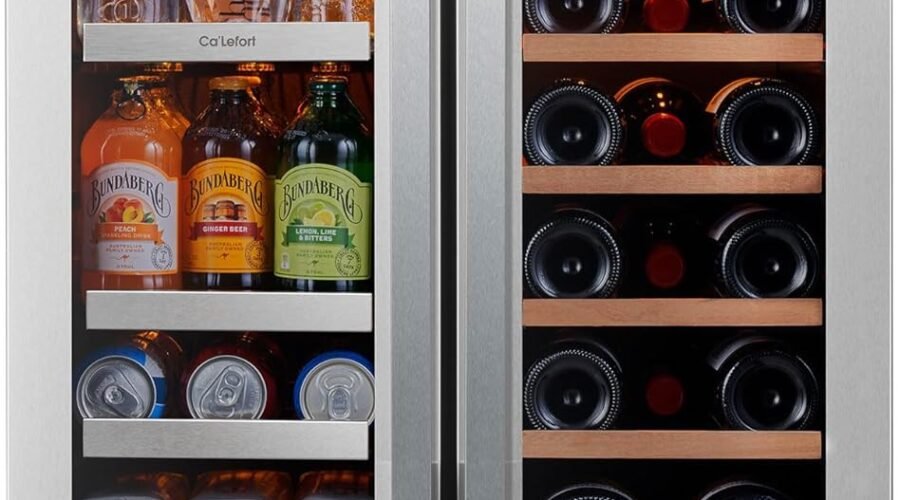 Ca’Lefort 24 Inch Wine and Beverage Refrigerator, 60 Can and 20 Bottle Wine Fridge 36-72°F, 3 LED Dual Zone Wine Cooler with Glass Door, Built-in Compressor Refrigerator for Home/Kitchen (4.10 cu.ft)