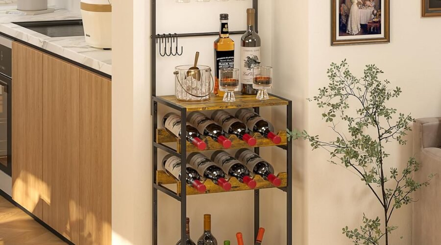 5-Tier Wine Rack Freestanding Floor, Liquor Bar Stand with Glasses Holder and 4 S Hooks, Corner Mini Bar Cabinet for Small Space, 8 Bottles Wine Bar Cabinet for Home, 11.81″D x 16.53″W x 53.55″H
