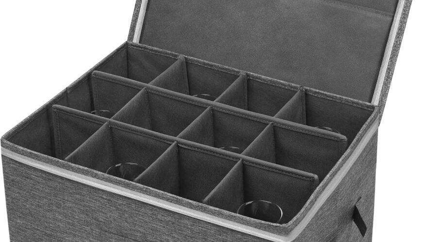 Stemware Storage Cases, Wine Glass Storage Box Containers for Glassware or Crystal, Holds 12 Red or White Wine Glasses, Hard Top and Sides (Grey)