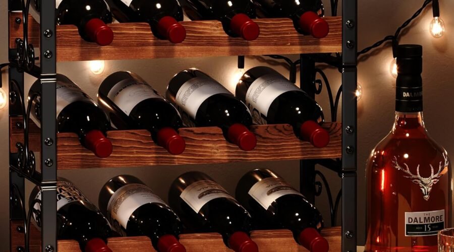 X-cosrack 12 Bottle Wine Rack Freestanding, 3-Tier Stackable Countertop Storage with Solid Wood & Wrought Iron, Space Saving Tabletop Wine Cabinet for Small Space, Kitchen Bar Dining Room