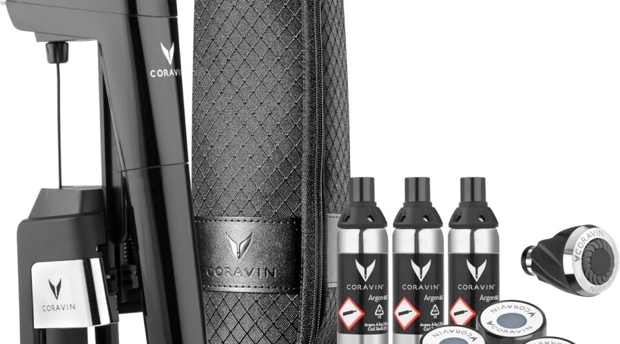 Coravin Timeless Six Plus Wine Preservation System – By-the-Glass Wine Saver – With 3 Pure Argon Gas Capsules, 6 Screw Caps & Wine Aerator – Piano Black