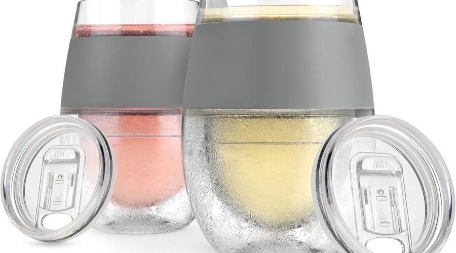 HOST Wine Freeze Cooling Cups, Insulated Wine Tumblers with Lids and Freezing Gel, Freezable Cups, Summer Gifts for Women, 8.5oz Set of 2, Gray